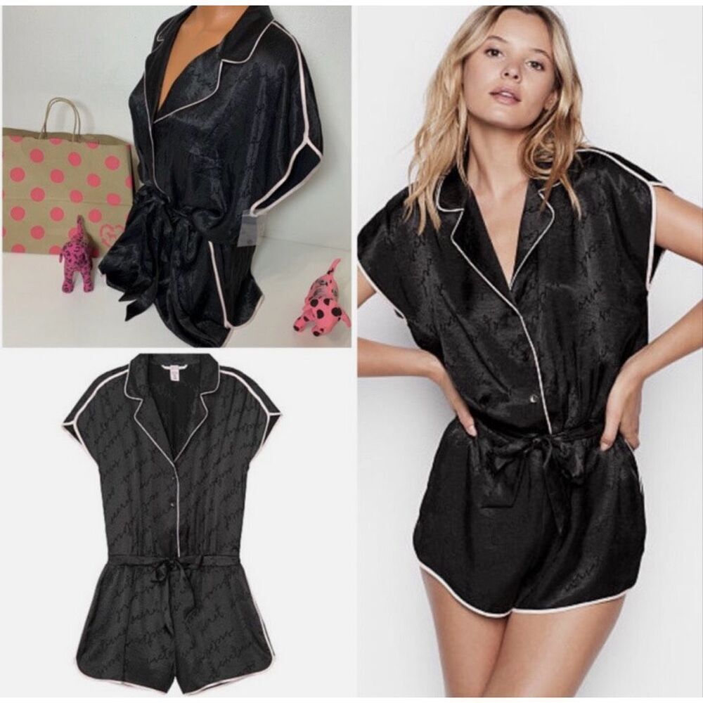 Vintage Victoria's Secret Logo Satin Pajamas Sleep Shorts Romper One Piece Small